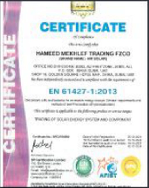 EN 61427-1:2013 Certificate of compliance, solar energy system and components