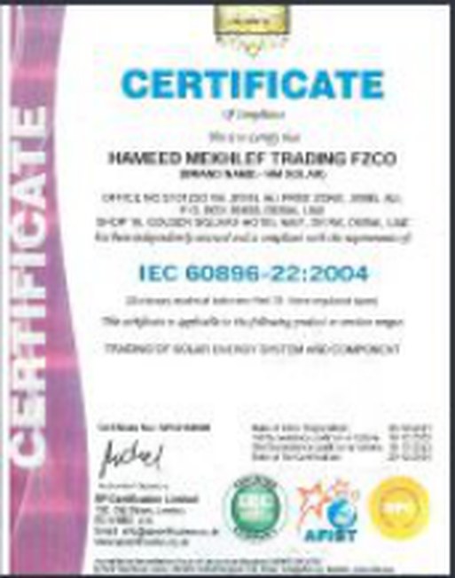 IEC 60896-22:2004 Certificate of compliance, solar energy system and components