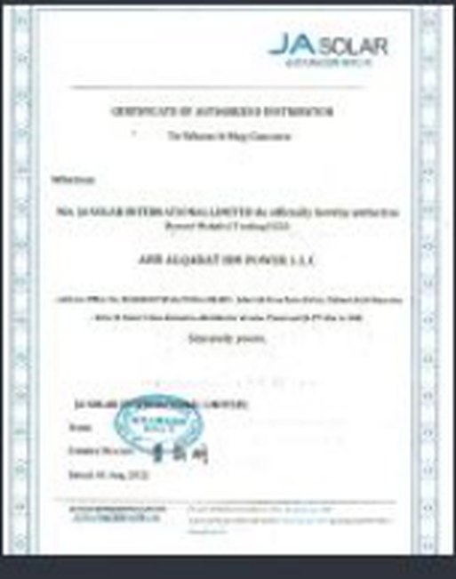 JA Solar Certificate of authorized distributor