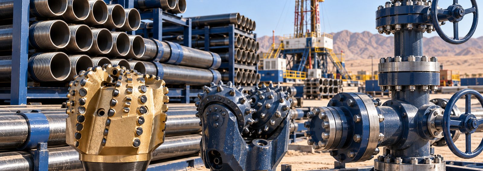 Drill bits, drill pipe, casing and a valve at a drilling site (AI-generated illustration)
