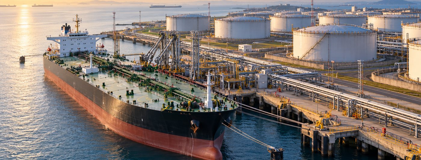 Oil tanker alongside a crude oil terminal with storage tanks (illustrative image)
