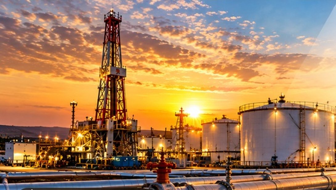 Oil and gas facility with drilling rig and storage tanks