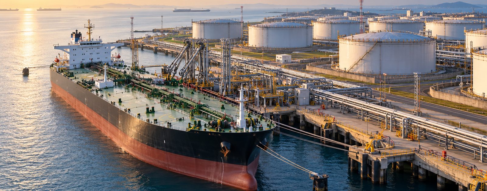 Oil tanker at a marine export terminal with storage tanks (AI-generated illustration)