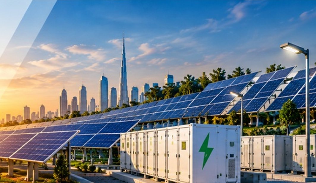 Solar panels and battery storage containers with Dubai skyline