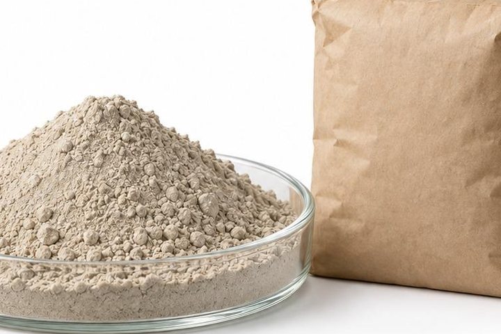 Bentonite powder in a dish next to a paper bag
