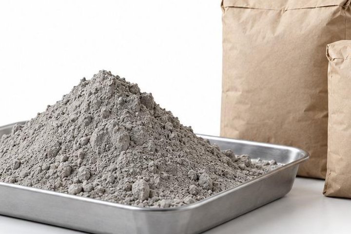 Cement powder in a tray next to paper bags