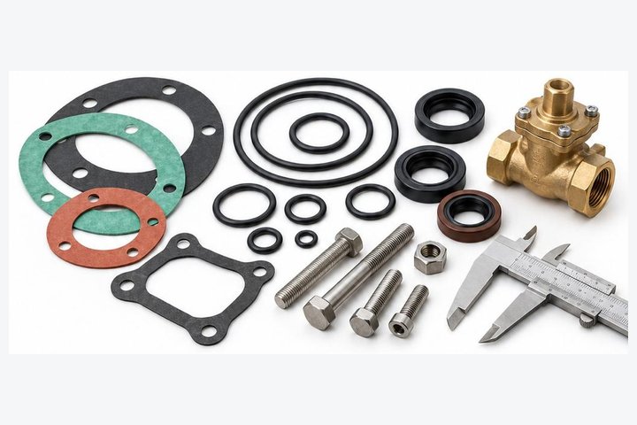 Gaskets, O-rings, seals, bolts, a brass valve and a caliper