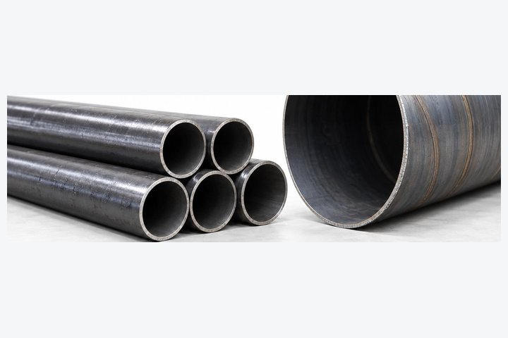 Stack of steel pipes next to a large spiral-welded pipe