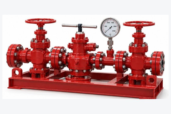 Red choke and kill manifold with pressure gauge