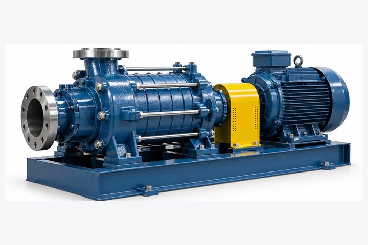 Blue multistage industrial pump with motor